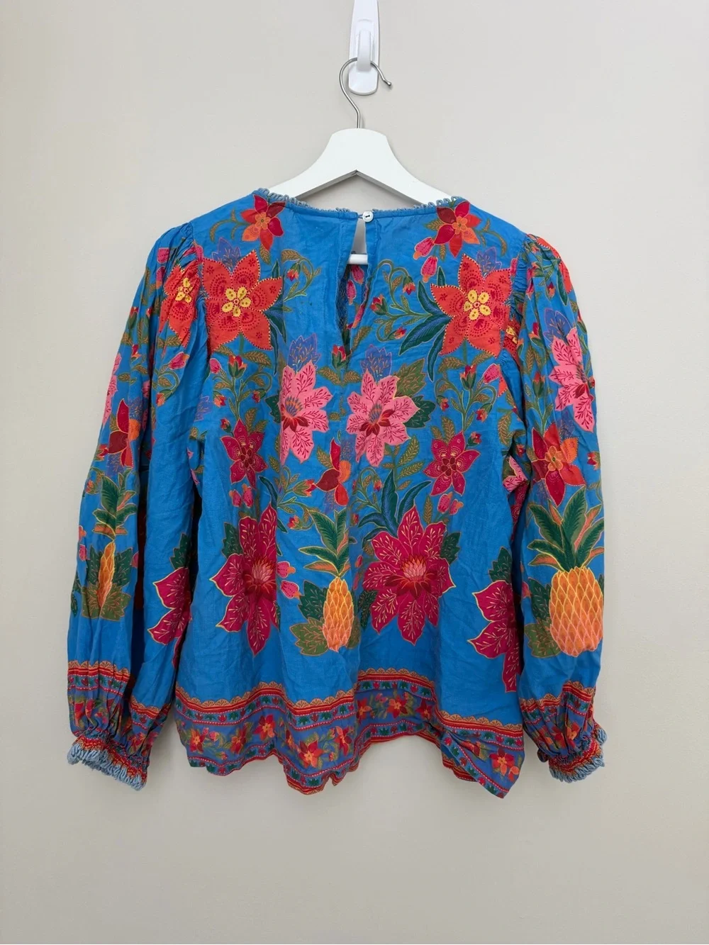 farm rio blue floral Blouse Bubble Sleeve With Tassels Tropical Island Beach